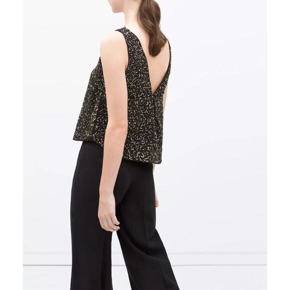 Zara Sparkly Sequin Black Sleeveless Swing Top Size Small 0615J - Picture 2 of 9